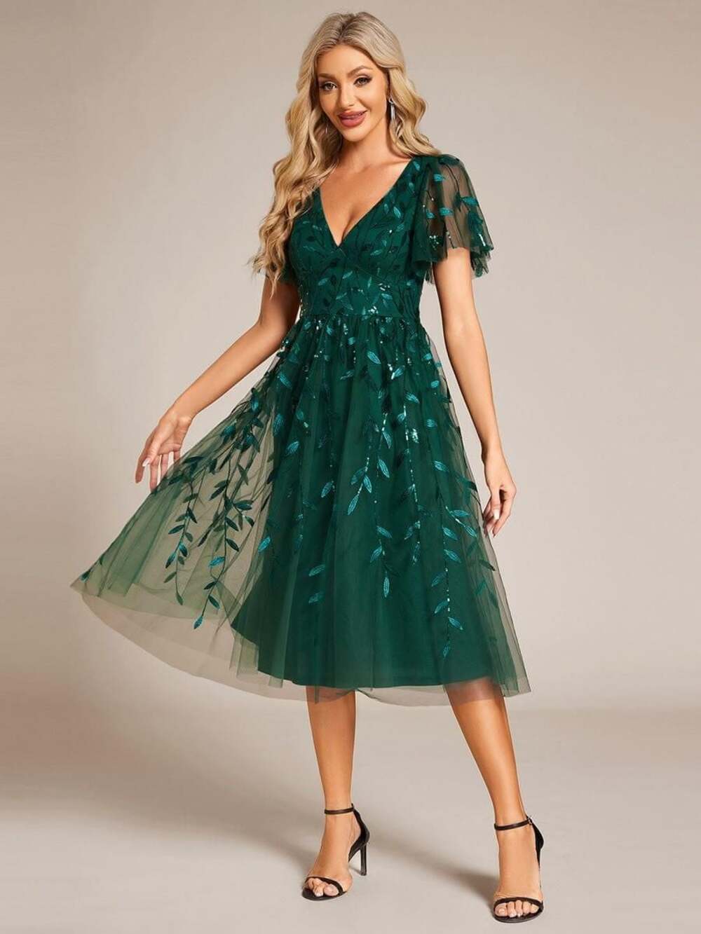 Ever-Pretty Leaf Sequin V-Neck Midi Tulle Dress, Dark Green, Size US 6 / M